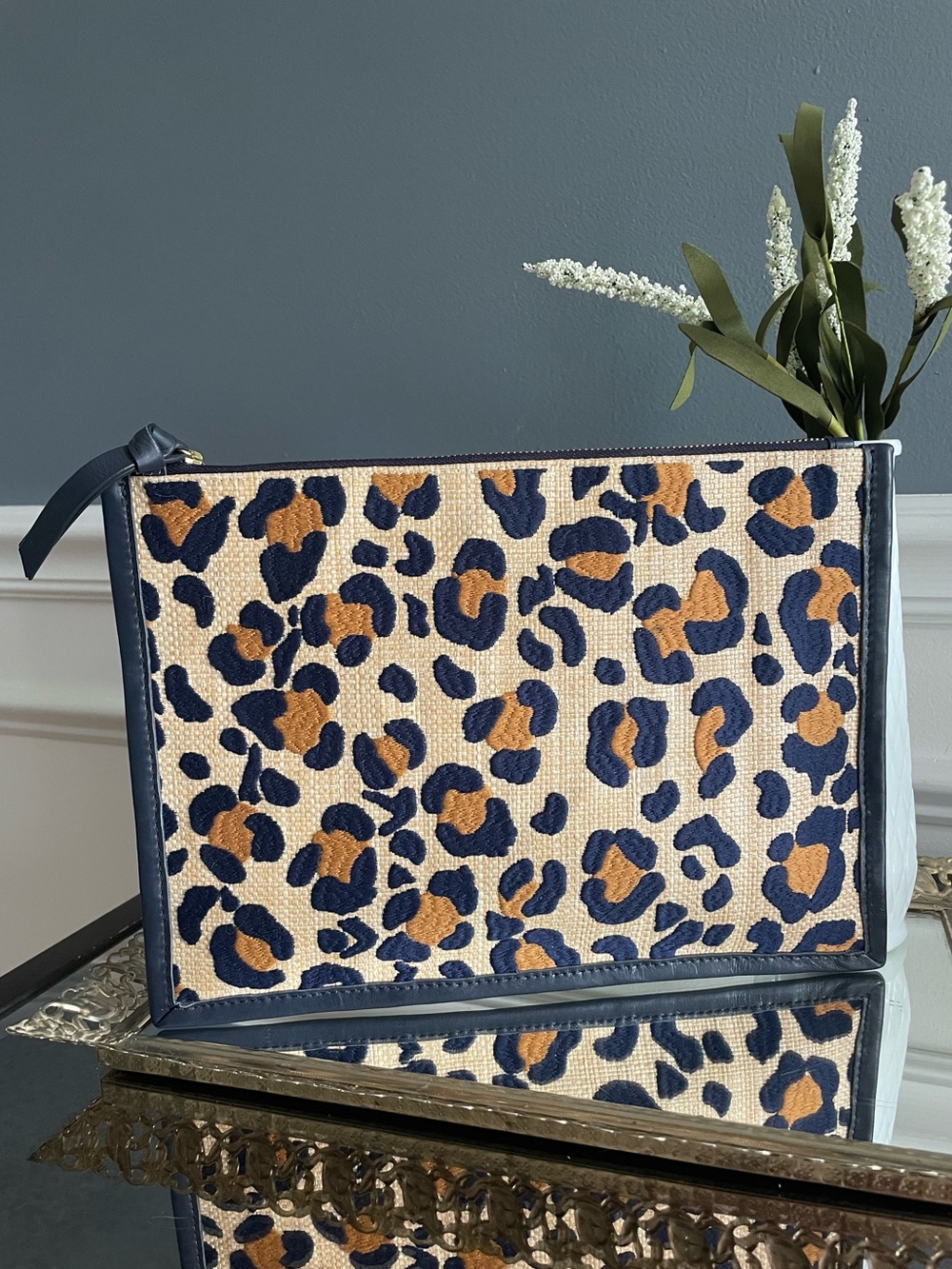 Boden Cheetah Raffia Clutch